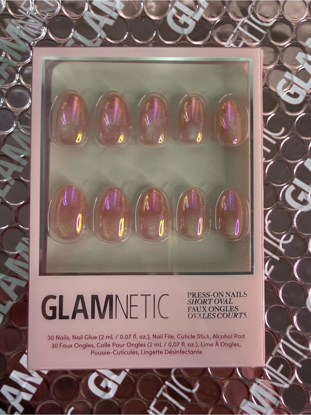GLAMNETIC Pink Iridescent Short Oval Press-On Nails